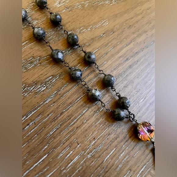 Short Black Marbled Linked Bead Necklace Crystal Amber Drop Choker - Picture 5 of 5